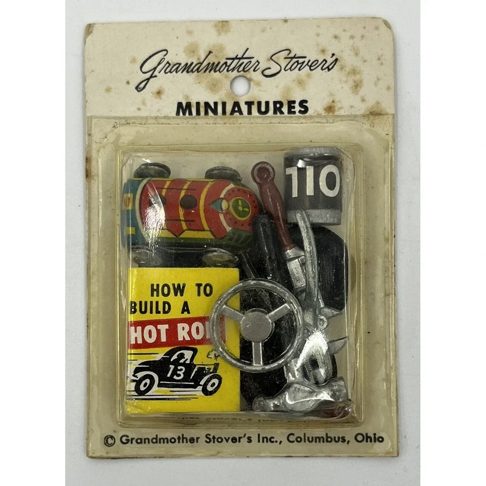 Vintage Grandmother Stover's Miniatures Hot Rod Car Oil Can Tools Garage NOS